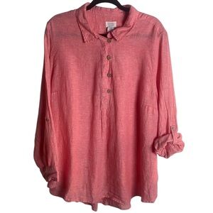 Sigrid Olsen Size 2X Pure Linen Popover Blouse Coral Roll Tab Sleeves Costal